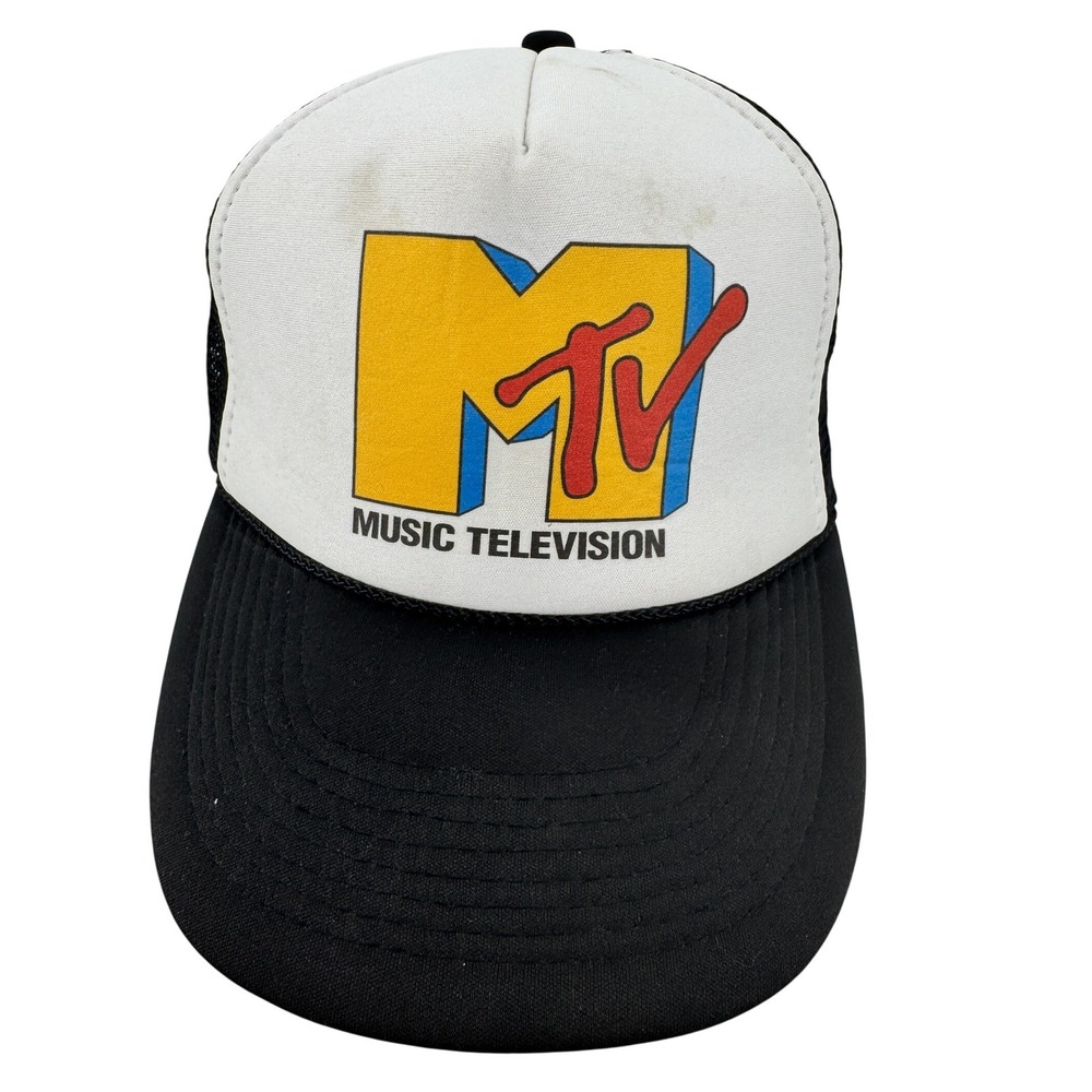 Vintage MTV Trucker Hat Mens‎ Black White Retro Music Television Snapback Nissun